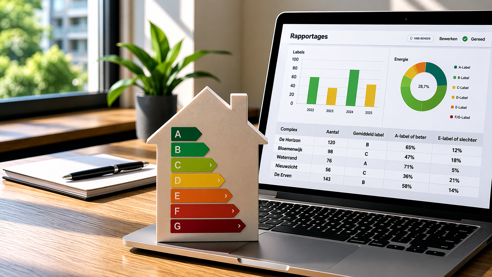 Energielabelmodel naast een laptop met rapportages